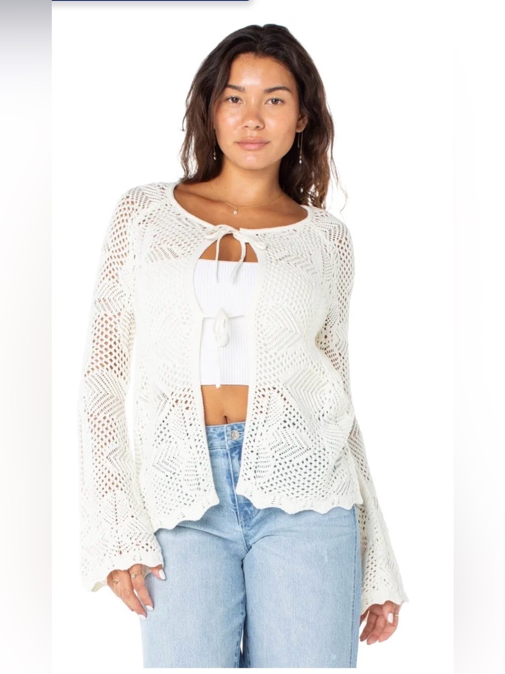 Women's Cream crochet Tie-Front Cardigan
